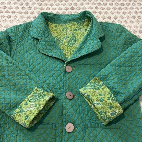 Vintage Quilted Reversible Norm Thompson Green Teal Paisley Print Cotton Jacket - Picture 9 of 16